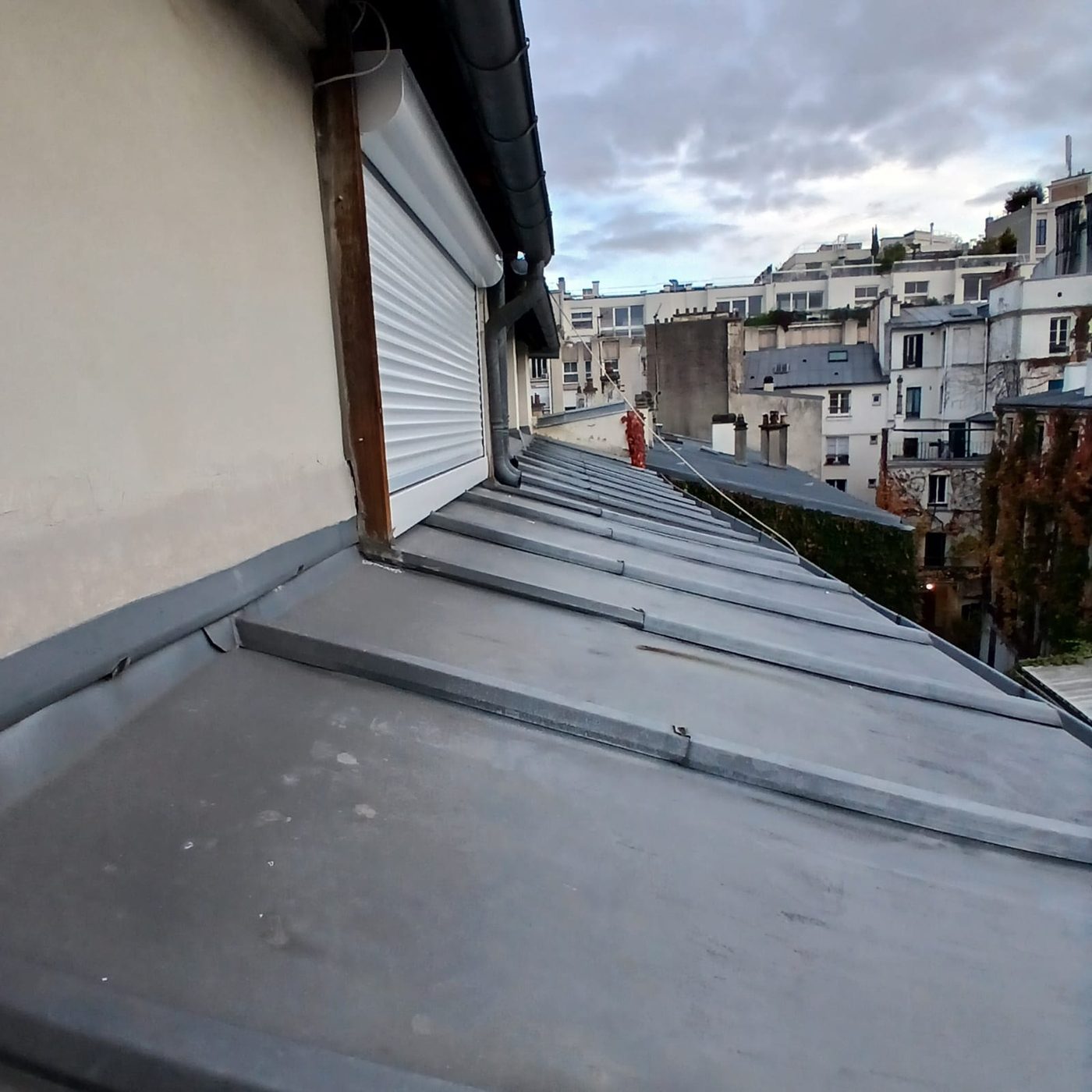 Vue sur les toitures en zinc de Paris depuis la fenêtre